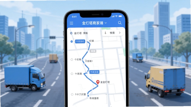 金灯塔商家端物流跟踪页面预览图,画面主体为手机屏幕显示物流轨迹时间轴和地图路径,背景为城市道路和快递车辆,色调清爽偏蓝,适配Boogu模型生成