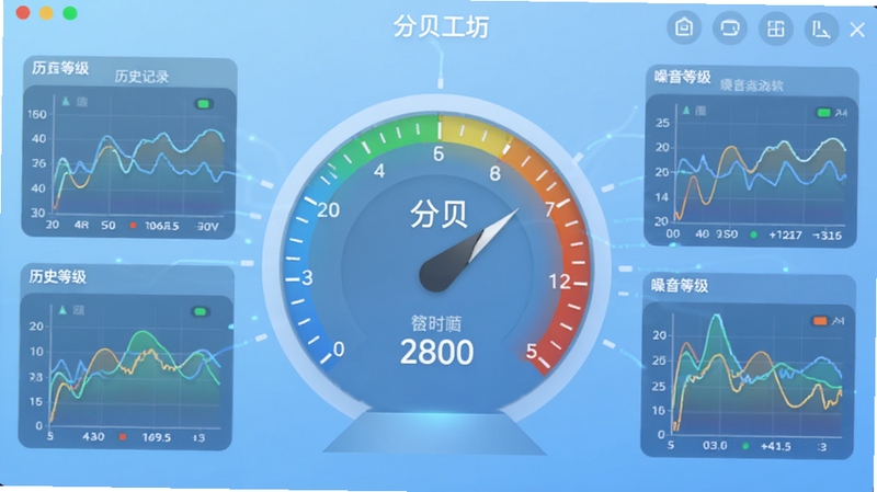 分贝工场软件主界面截图,画面中央展示醒目的分贝数值仪表盘,背景为浅蓝色渐变,周围环绕历史记录曲线图和噪音等级指示灯,整体风格简洁科技感,适配Boogu模型生成