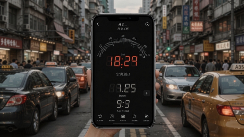 分贝工场实时检测功能展示图,画面主体为手机屏幕显示跳动的分贝数字,背景为嘈杂的街道场景,突出软件在真实环境中的测量效果