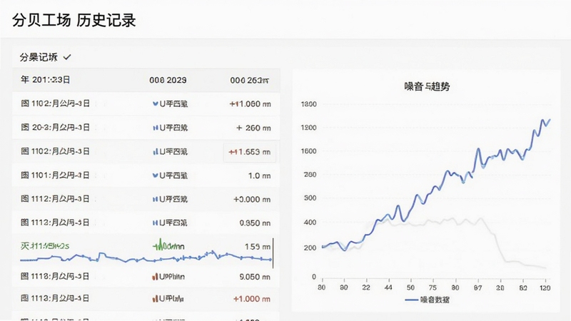 分贝工场历史记录页面截图,画面展示按日期排列的噪音数据列表和折线趋势图,背景为白色简洁风格,突出数据可视化效果