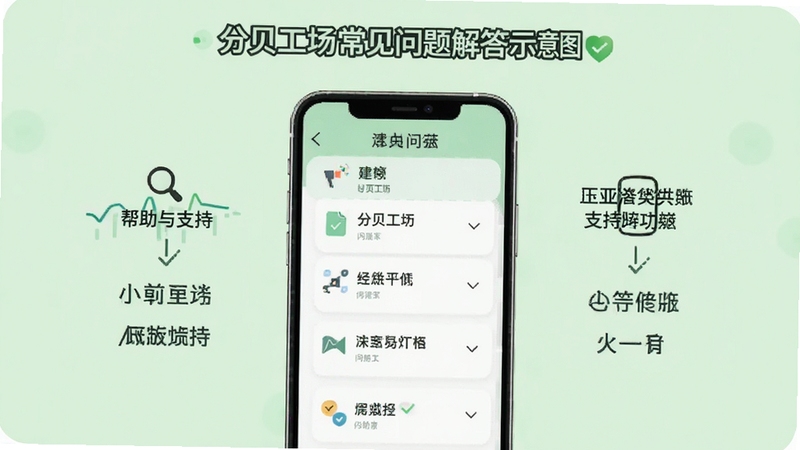 分贝工场常见问题解答示意图,画面展示手机屏幕显示问答列表,背景为浅绿色,突出帮助与支持功能