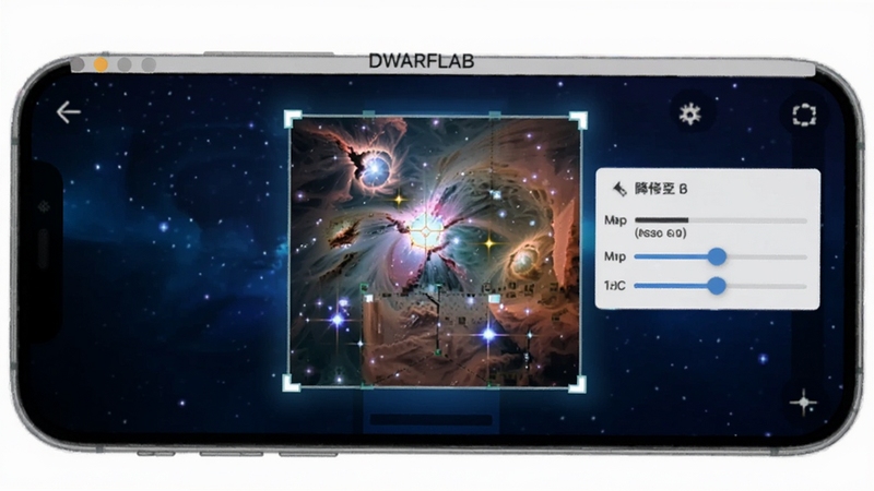 DWARFLAB 软件运行界面特写,手机屏幕中央显示一个正在被框选并放大的猎户座大星云,画面带有实时叠加进度条与降噪参数滑块,背景为深蓝色渐变星空,界面风格简洁现代,带有科技光晕效果
