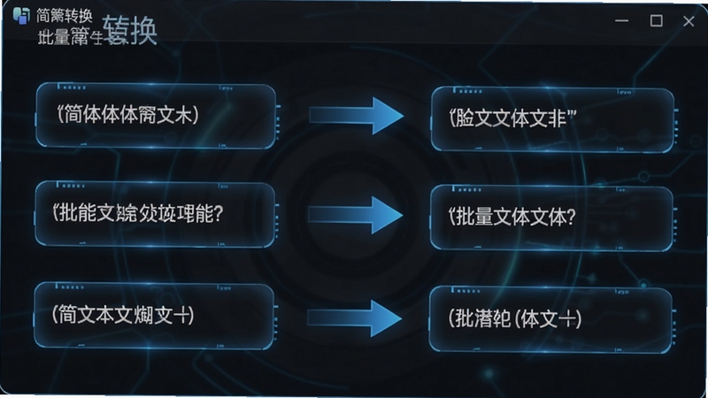 简繁转换批量文本处理功能界面,画面中多个文本框整齐排列,箭头指示从简体文本流向繁体文本,界面带有科技感蓝色光效,背景为深色极简风格,突出高效批量的产品特性,软件名称简繁转换以柔和字体出现在画面一角