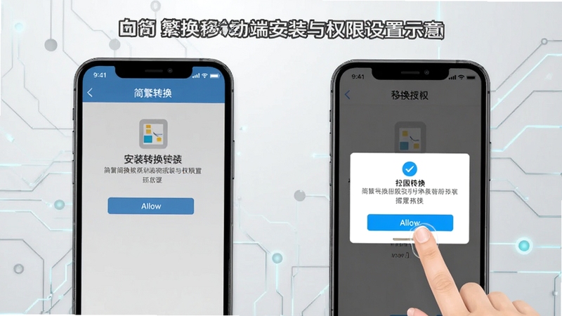 简繁转换移动端安装与权限设置示意图,画面展示手机屏幕上的安装界面与权限授权弹窗,手指点击允许按钮,背景为浅灰色科技纹理,整体风格清晰易懂,适合作为教程配图,软件名称简繁转换出现在画面顶部