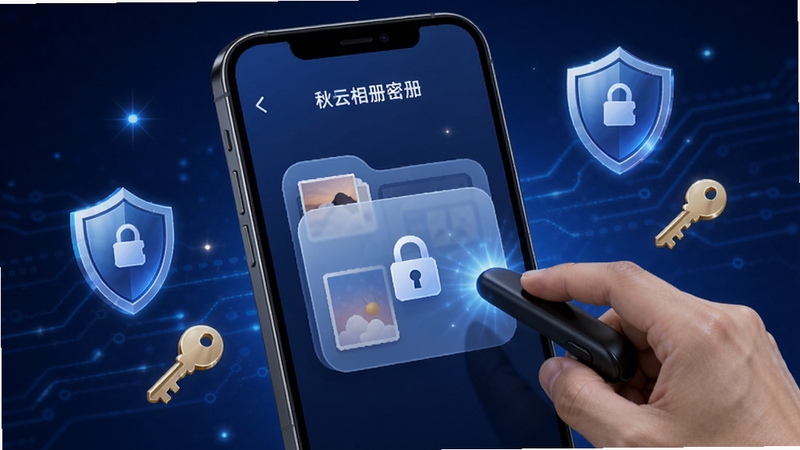 秋云相册私密相册加密功能展示图,画面主体为手机屏幕中一个带锁图标的相册文件夹正在被打开,周围环绕着盾牌和钥匙的图标元素,背景为深蓝色科技感渐变,突出安全加密氛围