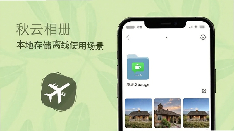 秋云相册本地存储与离线使用场景图,画面展示一部手机处于飞行模式图标下方,手机屏幕内显示相册文件带有本地存储标识,背景为浅绿色自然色调,传达安全离线理念