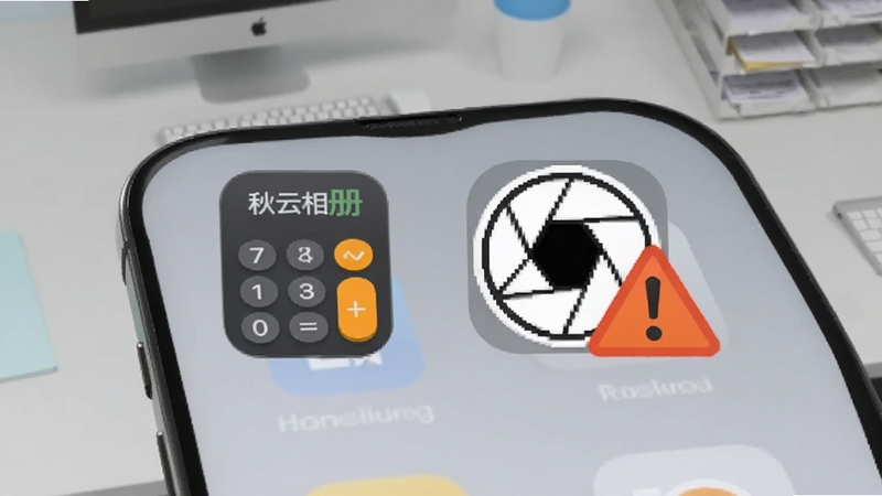 秋云相册伪装图标与入侵抓拍功能示意图,画面展示手机桌面上一个计算器图标旁边出现相机快门和警示标志,背景为浅灰色办公桌面场景,风格写实简洁