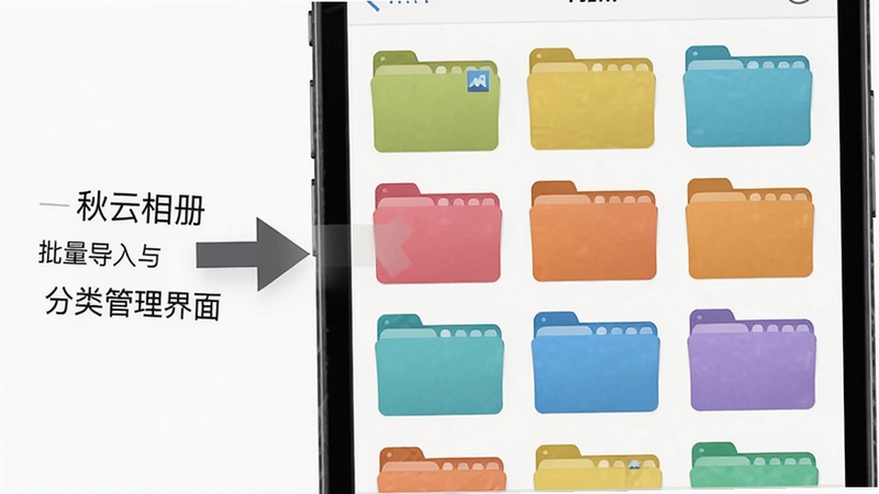 秋云相册批量导入与分类管理界面图,画面主体为手机屏幕显示多个彩色相册文件夹整齐排列,旁边有箭头指示从系统相册导入的动作,背景为白色简洁风格,突出整理收纳概念