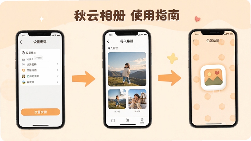 秋云相册使用指南操作步骤示意图,画面展示手机屏幕中从设置密码到导入图片再到伪装图标的完整流程,用箭头串联各个步骤界面,背景为浅橙色温馨色调,风格清晰易懂