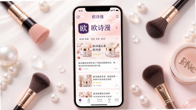 欧诗漫头条应用主界面全貌展示,画面中央是手机屏幕内的品牌资讯信息流,背景为柔和的珍珠白与淡粉色渐变区域,四周点缀简约美妆元素,整体风格清新明亮,突出欧诗漫头条品牌标识与内容卡片布局