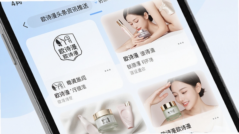 欧诗漫头条资讯推送界面展示,画面主体为手机屏幕中排列整齐的图文卡片,卡片上带有欧诗漫品牌标志与护肤主题缩略图,背景区域为浅蓝色与白色交织的柔和渐变,整体呈现现代资讯类应用的干净排版风格