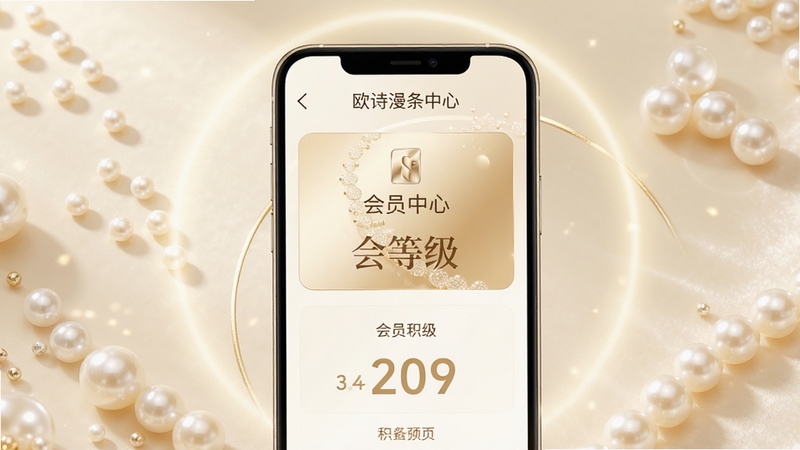 欧诗漫头条会员中心与积分页面展示,画面中央为手机屏幕中的会员等级卡片与积分数字,背景区域为淡金色与米白色搭配的柔和光晕,周围点缀珍珠质感装饰元素,整体风格优雅精致