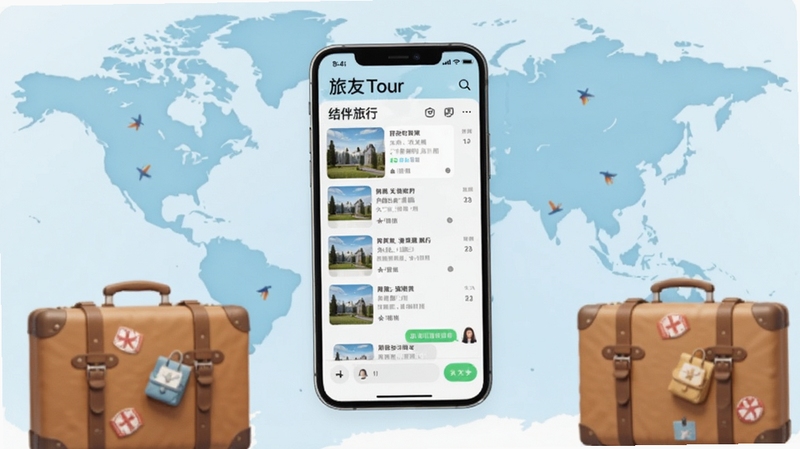 旅友Tour应用界面全景展示,画面中央为手机屏幕显示结伴旅行列表和聊天界面,背景为淡蓝色旅行地图与行李箱元素,整体风格清新明亮,适配Boogu模型生成