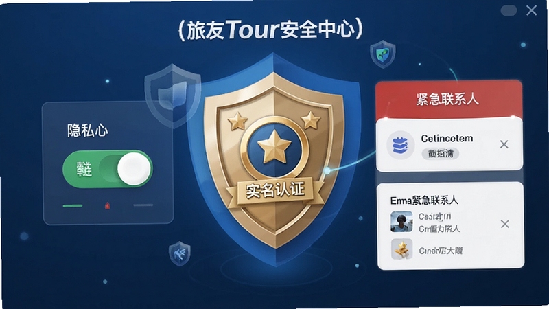 旅友Tour安全中心设置界面,显示隐私开关、实名认证徽章和紧急联系人卡片,界面采用盾牌图标元素,传递安全感