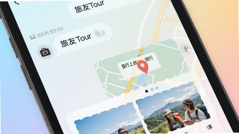 旅友Tour聊天界面特写,显示对话气泡、地图位置卡片和旅行照片分享,界面简洁友好,背景为柔和渐变色调