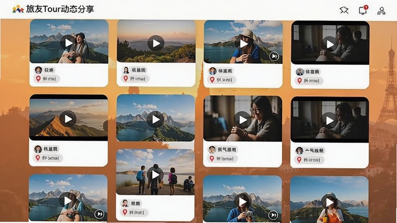 旅友Tour动态分享页面,瀑布流展示旅行照片和短视频封面,每张卡片带有用户昵称和位置标签,背景为暖色调旅行主题