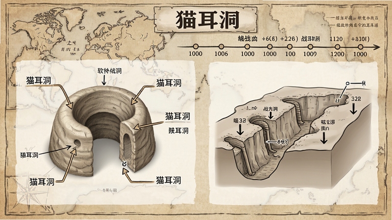 猫耳洞历史科普页面,展示猫耳洞立体结构图与战壕示意图,背景是历史地图与时间轴,画面清晰标注了猫耳洞的各个部分,软件名字猫耳洞,教育科普风格