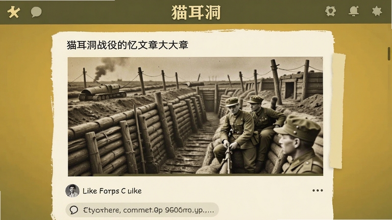 猫耳洞社区界面,展示一篇关于猫耳洞战役的回忆文章,配图是历史照片风格的战壕示意图,下方有用户点赞与评论,整体色调为军绿色与暖黄色,软件名字猫耳洞,沉浸式阅读体验