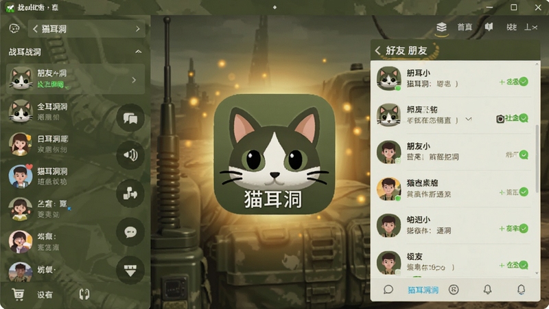 猫耳洞软件主界面截图,展示军绿色调与战友列表,背景为简洁的战地通讯风格,画面中心是猫耳洞APP的图标与好友聊天列表,四周环绕着温暖的社交氛围光效,适配Boogu模型生成,高清细节,软件名字猫耳洞