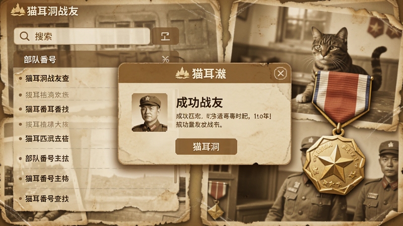 猫耳洞战友查找功能界面,显示搜索框与部队番号列表,背景是泛黄的老照片质感,画面中央是成功匹配到战友的弹窗提示,旁边有军功章装饰,软件名字猫耳洞,温暖怀旧风格