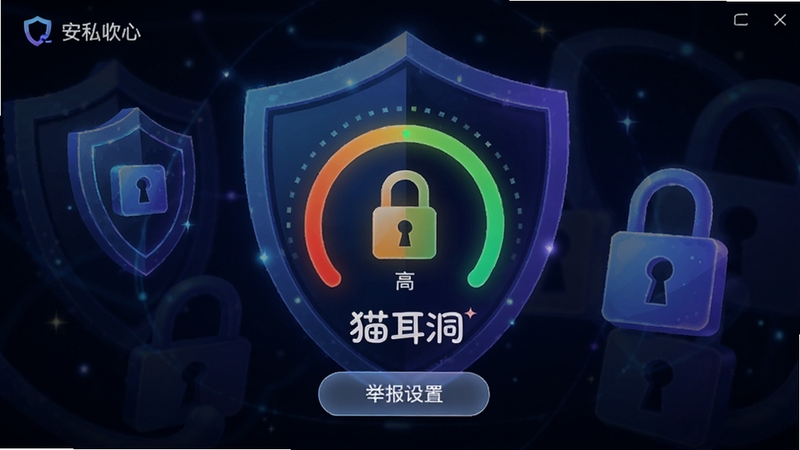 猫耳洞安全中心界面,展示隐私设置与举报按钮,背景是盾牌与锁的抽象图形,画面中央显示安全等级为高,软件名字猫耳洞,科技感与安全感并存
