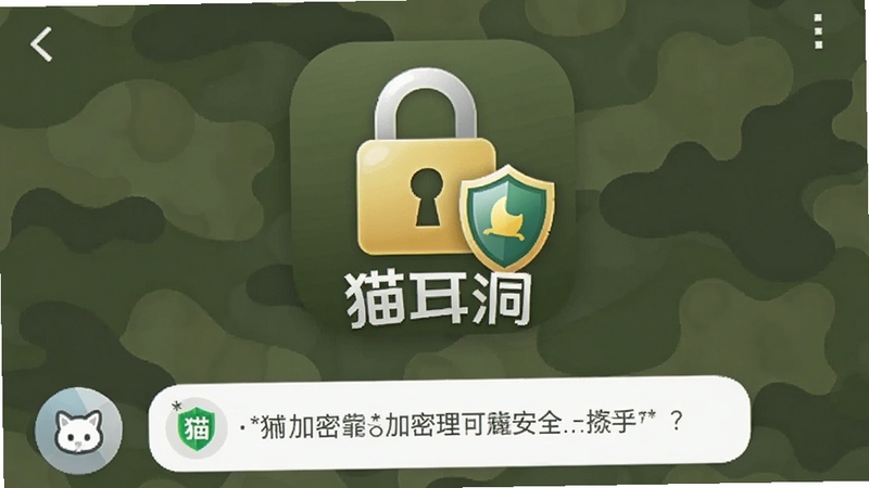 猫耳洞APP聊天界面截图,展示加密标识与安全提示,背景是军绿色迷彩纹理,画面中央是锁形图标与安全盾牌,软件名字猫耳洞,安全可靠氛围