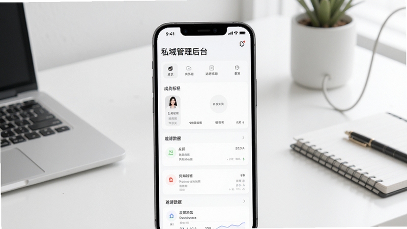 碎银私域 私域管理后台展示图,画面主体为手机屏幕内成员标签分组与邀请数据面板,背景为简洁办公桌面,整体风格干练,适配Boogu模型生成