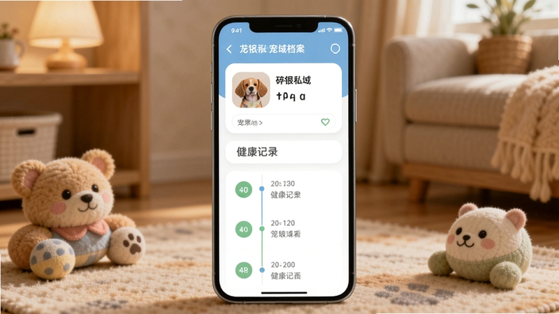 碎银私域 宠物档案页面展示图,画面主体为手机屏幕内宠物信息卡片与健康记录时间轴,背景为温馨室内环境与宠物玩具,整体氛围柔和,适配Boogu模型生成