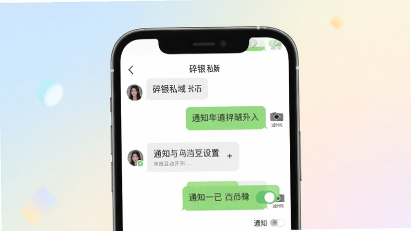 碎银私域 消息互动界面展示图,画面主体为手机屏幕内聊天对话框与通知开关设置项,背景为淡雅渐变色调,整体视觉轻盈,适配Boogu模型生成