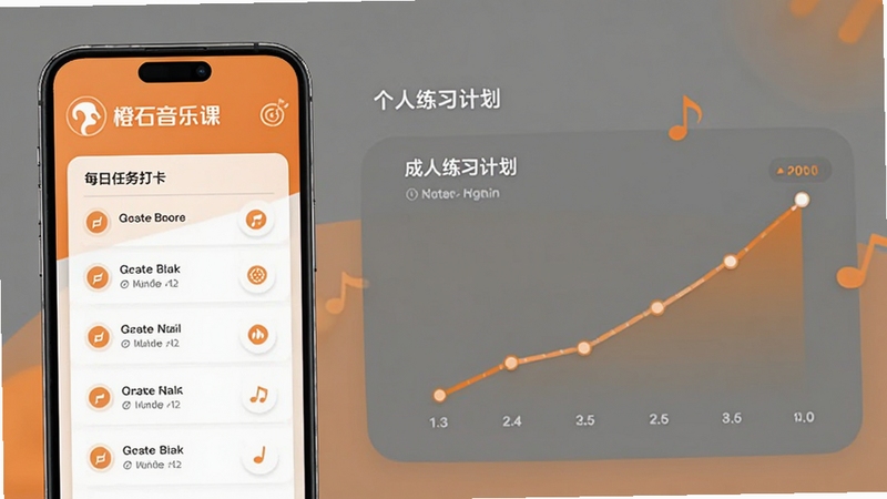橙石音乐课个人练习计划界面图,手机屏幕展示每日任务打卡列表与成长曲线图表,背景为柔和橙色与灰色搭配,画面中带有橙石音乐课标志,整体风格简洁清新