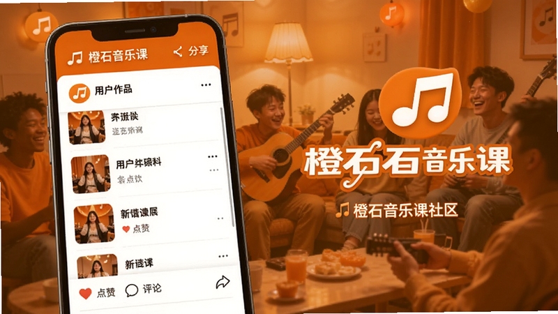 橙石音乐课社区分享界面图,手机屏幕显示用户作品列表与点赞评论区域,背景为暖橙色社交氛围,画面中带有橙石音乐课名称与音符图标,整体感觉活跃友好