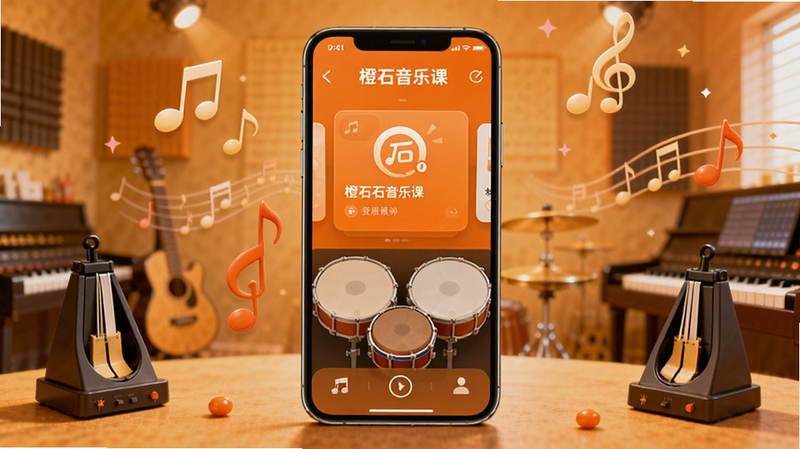 橙石音乐课软件主界面全景展示图,画面中央放置一部智能手机,屏幕内显示橙色主题的音乐课程卡片与虚拟鼓面,背景为暖色调音乐工作室,四周点缀音符与节拍器元素,整体风格明亮活泼,突出橙石音乐课品牌名称
