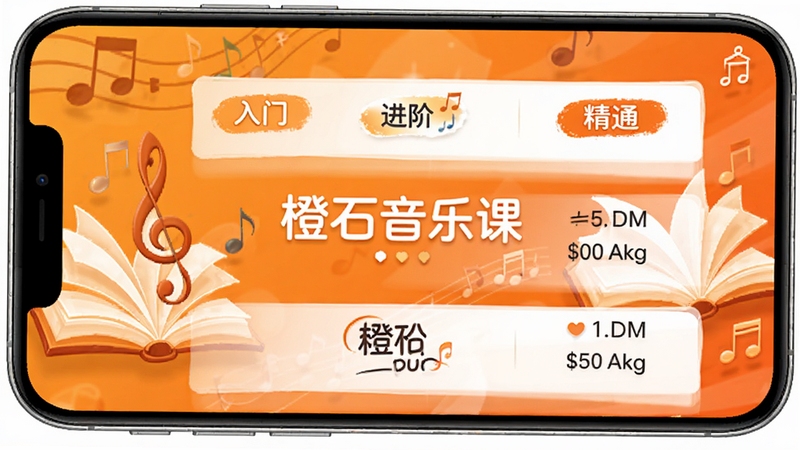 橙石音乐课课程分级教学界面图,手机屏幕显示三阶课程列表,分别为入门、进阶、精通标签,背景为橙色渐变与书本音符插画,画面中央标注橙石音乐课,整体呈现教育类应用的专业感