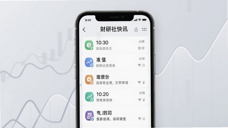 财研社快讯页面展示,画面中智能手机屏幕呈现财经快讯列表,每条快讯带有时间标签和分类图标,背景为柔和的浅灰色渐变,点缀抽象的折线图元素,整体风格简洁清新,突出信息的高效阅读体验,适合Boogu模型生成