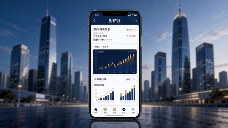 财研社应用主界面全貌展示,画面中央放置一部智能手机,屏幕显示财研社APP的首页信息流与财经数据图表,背景为虚化的现代都市金融区高楼剪影,整体色调以深蓝与金色为主,突出专业与科技感,画面比例16:9,高清细节,适合Boogu模型生成