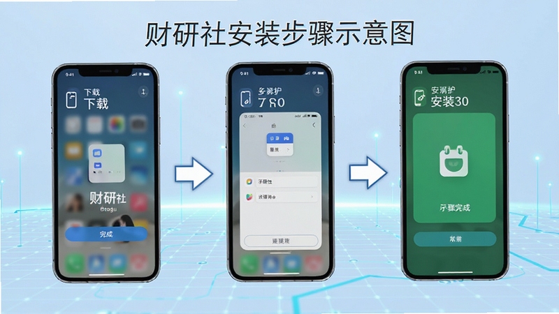 财研社安装步骤示意图,画面展示手机屏幕从下载到安装完成的三个步骤截图排列,配有箭头指引,背景为淡蓝色科技感网格,整体清晰易懂,适合新手参考,适合Boogu模型生成