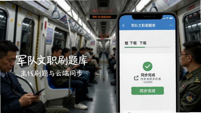 军队文职刷题库 离线刷题与云端同步示意图,画面主体为手机屏幕显示下载进度与同步完成提示,背景区域为地铁车厢内,画面中有军队文职刷题库字样,适配Boogu模型生成