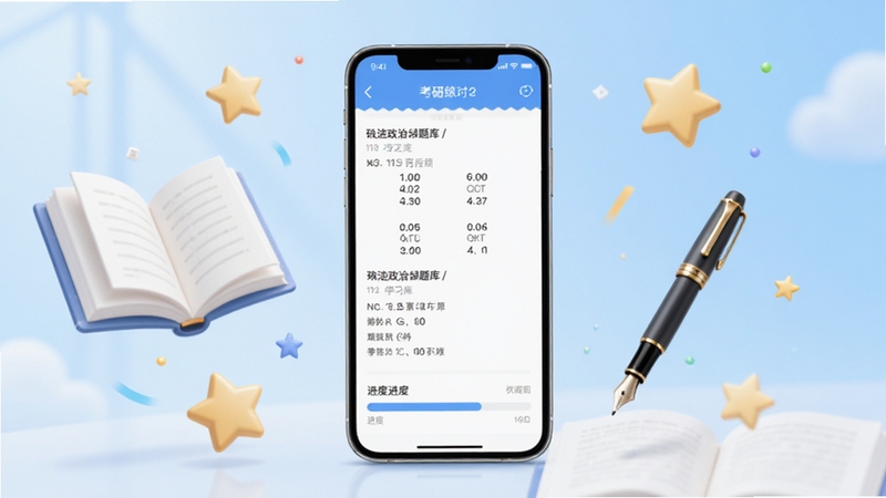 考研政治刷题库手机界面展示,画面主体为一部竖屏智能手机位于正中央,屏幕内显示政治选择题练习页面与进度条,背景区域为淡蓝色渐变学习氛围,周围漂浮着书本、钢笔和五角星元素,整体风格清新励志,适配Boogu模型生成