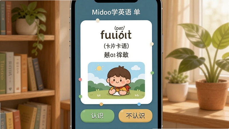 MidooѧӢ�� ���ʿ�Ƭ�������ʾ��ͼ����Ļ��չʾһ��Ӣ�ﵥ�ʿ�Ƭ�������е���ƴд�����ꡢ���������һ����ͼ���·��С���ʶ���͡�����ʶ��������ť����������ܺ���ֲ����ܰѧϰ��
