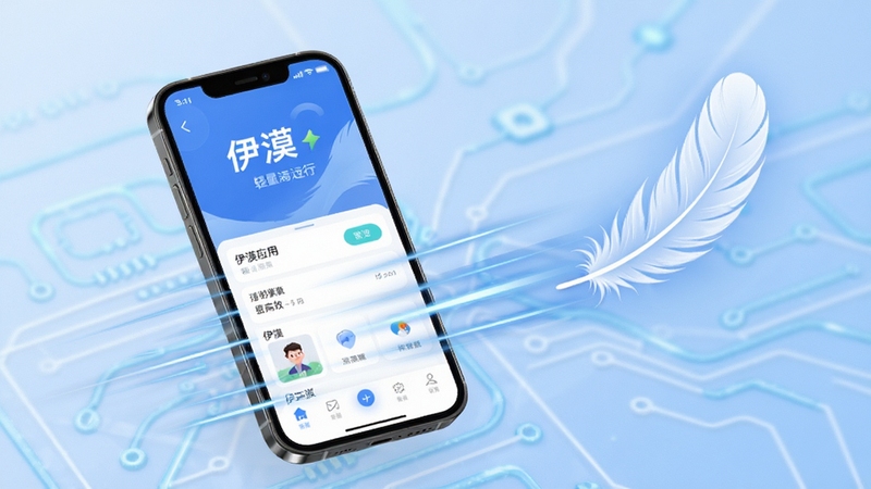 伊漠应用在手机屏幕上流畅运行的画面,展示轻量高效的特性,画面中手机屏幕显示伊漠界面,旁边有速度线和羽毛元素象征轻快,背景为淡蓝色科技感线条,适配Boogu模型生成