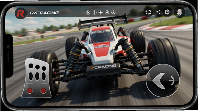 R/CRACING软件实时车辆操控界面,手机横屏显示虚拟油门和转向控制按钮,背景为遥控车在赛道上高速行驶的特写画面,画面风格写实,动感强烈