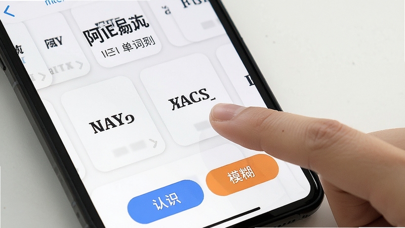 阿E刷单词卡片式刷词操作界面,手指正在滑动单词卡片,屏幕显示认识与模糊按钮,背景为白色简约风格,突出交互感