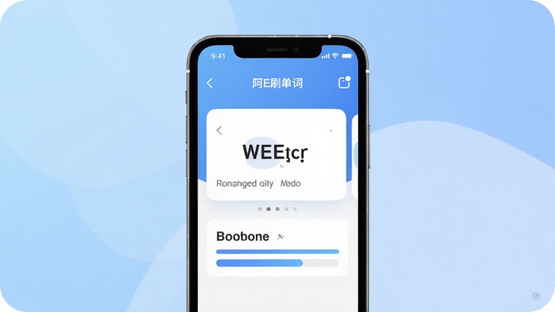 阿E刷单词软件界面展示智能记忆曲线复习功能,手机屏幕中显示单词卡片与复习进度条,背景为柔和渐变蓝色,画面简洁明亮