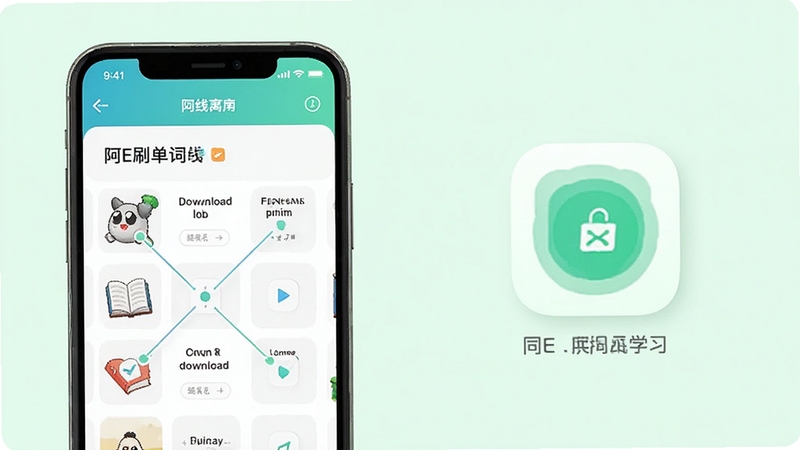 阿E刷单词离线学习与云端同步功能示意图,手机显示已下载词库与同步图标,背景为淡绿色,画面传递便捷感