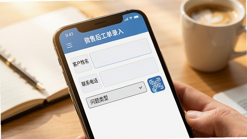 微售后工单录入界面特写,手机屏幕显示表单填写区域,包含客户姓名、联系电话、问题类型下拉菜单,旁边有扫码图标,背景为办公桌面,有笔记本和咖啡杯,整体色调温暖明亮