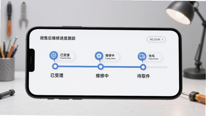 微售后维修进度跟踪页面,手机屏幕显示时间轴样式进度条,节点包括已受理、维修中、待取件,每个节点旁有图标和简短文字说明,背景为淡灰色工作室环境,光线柔和