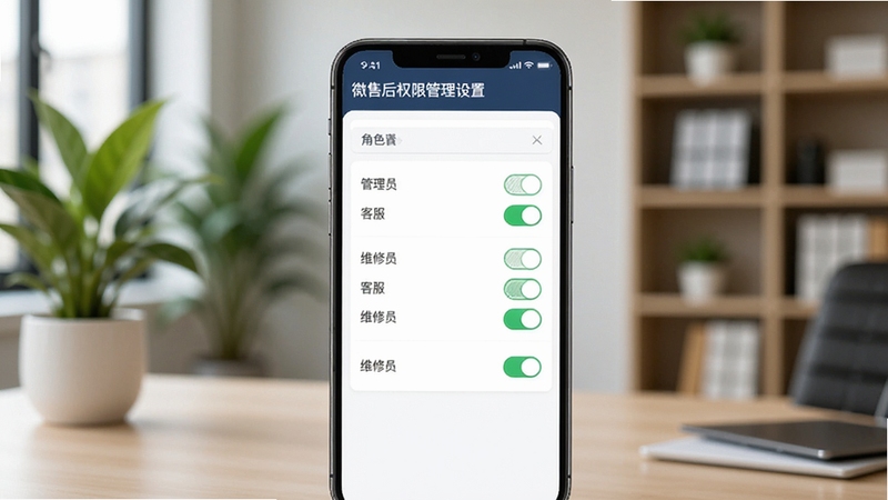 微售后权限管理设置界面,手机屏幕显示角色列表与权限开关,如管理员、客服、维修员,背景为模糊的办公室场景,有绿植和书架,氛围专业