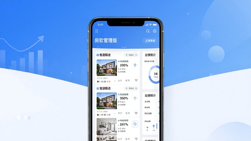 房软专业版 官方主界面展示图,画面中央为手机屏幕中显示房产中介管理后台首页,包含房源列表、客源跟进、业绩统计等模块,背景为简洁的蓝白渐变商务风格,整体色调清爽专业