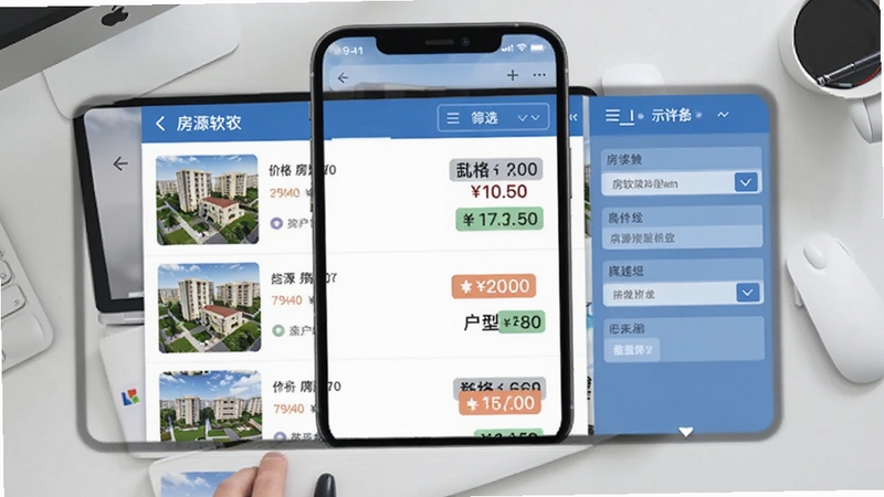 房软专业版房源管理功能界面示意图,手机屏幕中展示房源列表与筛选条件面板,画面左侧为小区缩略图,右侧为价格与户型标签,整体采用扁平化设计风格,背景为浅灰色办公桌面