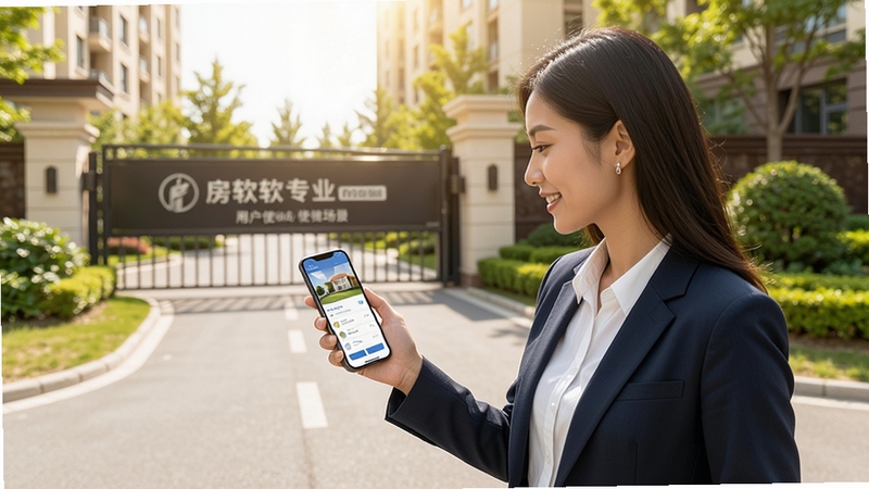 房软专业版 用户使用场景图,画面展示房产经纪人在带看途中使用手机查看房源信息,背景为小区门口与绿化带,阳光明媚,人物穿着职业装,整体氛围专业自然